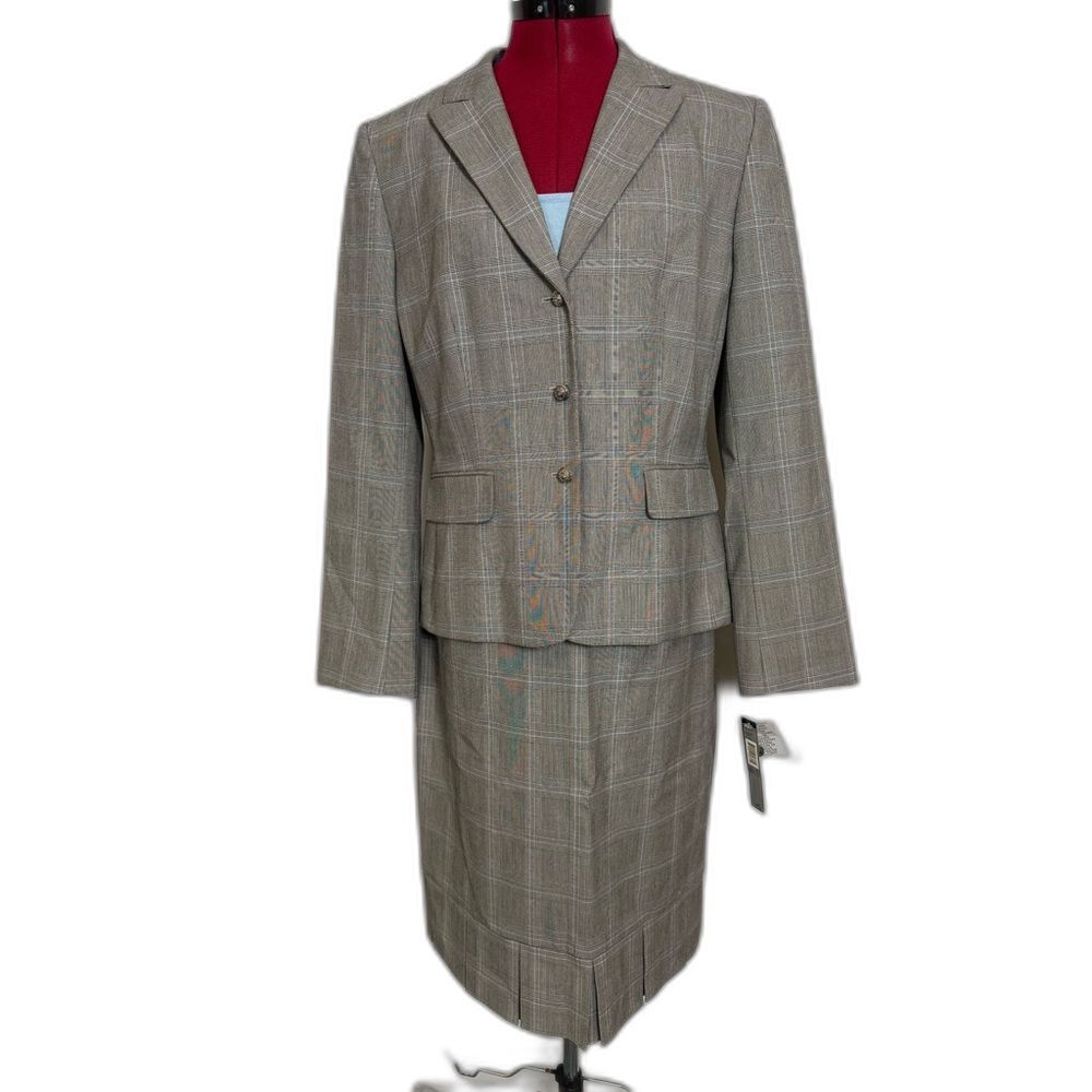 Nwt Tahari Asl Skirt Suit Women's Size 10 Blue & Grey Plaid 3-Piece Set